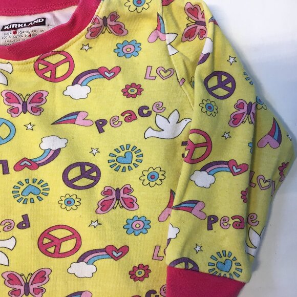 Kirkland Girls Size 2 Pajama Set Yellow Pink Peace Love 100% Organic Cotton - Picture 3 of 16